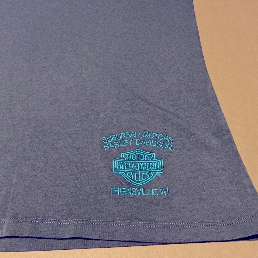 Vintage Harley-Davidson Women's Dark Gray and turquoise Tee with Blue Accents - Picture 3 of 10